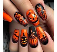 Ceboic 24 Pezzi Halloween Unghie Finte Adesive, Nero Arancione Press on Nails Medie Coffin con Zucca Pipistrello Teschio, Fiore Acriliche Copertura Completa Tip Unghie in Gel, Fake Nails per Donna
