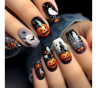 Ceboic 24 Pezzi Halloween Unghie Finte Adesive, Nero Press on Nails Medie Quadrate con Zucca Pipistrello Fantasma Ragnatela, Acriliche Copertura Completa Tip Unghie in Gel, Fake Nails per Donna