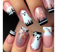 Ceboic 24 Pezzi Halloween Unghie Finte Adesive, Rosa Nude Press on Nails Medie Quadrate con Jack-O-Lantern Pipistrello Fantasma, Acriliche Copertura Completa Tip Unghie in Gel, Fake Nails per Donna