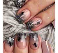 Ceboic 24 Pezzi Halloween Unghie Finte Corte Quadrate, Rosa Glitterate Press on Nails, Sfumatura Nera Acriliche Copertura Completa Unghie Finte con Ragno, Artificiali Unghie a Pressione per Ragazze