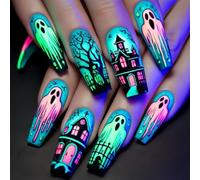 Ceboic 24 Pezzi Halloween Unghie Finte, Lunghe Bara Blu Press on Nails | Unghie Press on Acrilico Riutilizzabili, Unghie Finte Adesive Castello Fantasma Foresta per Donne e Ragazze Decorazioni Nail