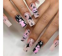 Ceboic 24 Pezzi Halloween Unghie Finte Lunghe, Bara Francese Stampa Sulle Unghie Zucca Diavolo Disegno Press on Nails, Acrilico Copertura Completa Unghie Finte per Donne e Ragazze