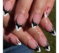 Ceboic 24 Pezzi Halloween Unghie Finte Mandorla Medie Nude Rosa Francese Press on Nails con Design Acrilico Copertura Completa Artificiali Unghie Finte Adesive per Donne Ragazze (Pipistrello Carino)