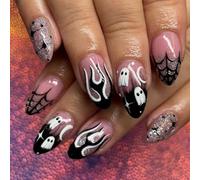 Ceboic 24 Pezzi Halloween Unghie Finte Mandorla Medie Rosa Francese Press on Nails con Ragnatela Fantasma Design Acrilico Copertura Completa Artificiali Unghie Finte Adesive per Donne Ragazze Manicure