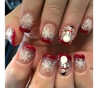 Ceboic 24 Pezzi Natale Press on Nails, Corte Quadrate Rossa French Unghie Finte con Fiocco di Neve, Carino Pupazzo di Neve AcrIliche Unghie Finte Adesive, Naturale Gel Fake Nails per Donna e Ragazza
