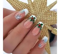 Ceboic 24 Pezzi Natale Press on Nails Medie Bara, French Unghie Finte con Agrifoglio e Fiocco di Neve, Inverno Unghie Gel Adesive, Rimovibile Acriliche Fake Nails per Donna Ragazza