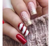 Ceboic 24 Pezzi Natale Unghie Finte Corte Quadrate Press on Nails Colorate Adesive Copertura Completa Stick sulle Unghie Francese per Donne e Ragazze (Oro Fiocco di Neve)