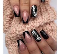 Ceboic 24 Pezzi Natale Unghie Finte Corte Quadrate Press on Nails Colorate Adesive Copertura Completa Stick sulle Unghie Francese per Donne e Ragazze (Nero Bianco Fiocco di Neve)