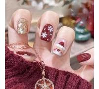 Ceboic 24 Pezzi Natale Unghie Finte Corte Quadrate, Scuro Rosso French Press on Nails con Babbo Natale & Fiocco Neve, Oro Luccichio Inverno Unghie Finte Adesive, Elegante Acrilico Fake Nails per Donna