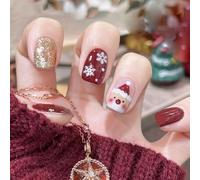 Ceboic 24 Pezzi Natale Unghie Finte, Rosso Oro Glitterate Press on Nails, Corte Quadrate Renna Carina Acrilico Stick sulle Unghie, Inverno Elegante Riutilizzabili Fake Nails per Donne DIY Manicure