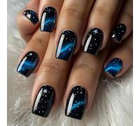 Ceboic 24 Pezzi Press on Nails French Cielo Stellato Blu Unghie Finte Corte Quadrate Acrilico Copertura Completa Unghie Finte Adesive per Donna Ragazze Nail Art Decorazioni Lucide Ballerina Fake Nails