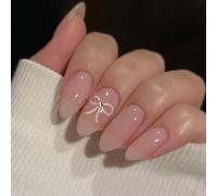 Ceboic 24 Pezzi Press on Nails Mandorla, Medie Nudo Rosa Francese Unghie Finte Adesive con Disegni Fiocco, Rimovibili Copertura Completa Stick sulle Unghie Artificiali per Donne e Ragazze Nail Art