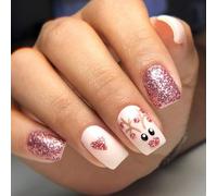 Ceboic 24 Pezzi Quadrate Natale Unghie Finte, Corte Bianco e Rosa Glitterate Unghie a Pressione, Carino Renna e Cuore Press on Nails, Acrilico Artificiali Stick sulle Unghie per Donne DIY Manicure