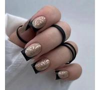 Ceboic 24 Pezzi Quadrate Press on Nails Corte, Lucide Nudo Unghie Finte Francese Bordo Nere Premere sulle Unghie, Rimovibili Stick on Unghie per Donne Ragazze (Ramo Dorato di Ossidiana)