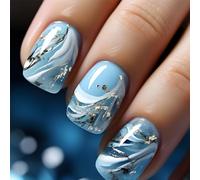 Ceboic 24 Pezzi Unghie Finte Adesive in Acrilico Corte Quadrate Colorate Press on Nails Onde Blu Bianche Stampa sulle Unghie Artificiali Copertura Completa Nail Art Decorazioni per Donne e Ragazze
