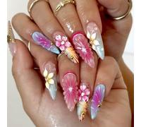 Ceboic 24 Pezzi Unghie Finte Adesive Lunghe Stiletto, French Press on Nails con Strisce di Giglio 3D, Acrilico Copertura Completa Unghie Artificiali, Naturali Fake Nails per Donna Ragazze Manicure