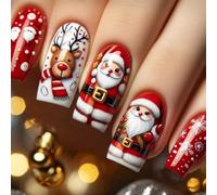 Ceboic 24 Pezzi Unghie Finte Corte Quadrate, Rossa Unghie Finte Adesive con Babbo Natale e Alci Disegno, Carino Artificiale Copertura Completa Press on Nails, Naturale Fake Nails per Donna Ragazze