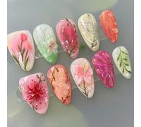 Ceboic 24 Pezzi Unghie Finte Medio Mandorla, French Color Morandi Press on Nails, Unghie Finte Adesive con Motivo Fiori 3D e Foglie Verdi, Acrilico Copertura Completa Unghie Artificiali per Ragazze