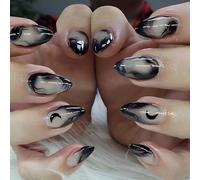 Ceboic 24 Pezzi Unghie Finte Medio Mandorla French Press on Nails Acrilico Copertura Completa Lucide Riutilizzabili Unghie Artificiali con Luna nera Design per Ragazze Donna