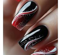Ceboic 24 Pezzi Unghie Finte Piazza Medie Lunghe, Gradiente Nero Rosso Fake Nails, Elegante Naturali Press on Nails, Acrilico Copertura Completa Stampa sulle Unghie Per Donna e Ragazze