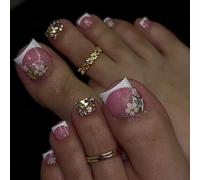 Ceboic 24 Pezzi Unghie Finte Piedi Corte Quadrate, Rosa Francese Tip Unghie Piedi, False Toenail a Copertura Totale con Fiore e Strass, Naturali Artificiali Fake Toe Nails per Donne Ragazze