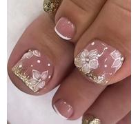 Ceboic 24 Pezzi Unghie Finte Piedi Corte Quadrate, Rosa Francese Unghie Dei Piedi con Fiori 3D, 12 Taglie Press on Nails per Piedi, Acrilico False Toenails a Copertura Totale per Donne e Ragazze