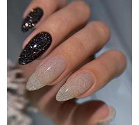 Ceboic Unghie finte francesi, 24 unghie medie a mandorla in 12 misure, unghie finte in acrilico lucido, riutilizzabili, lussuose accessori per nail art per donne e ragazze, colore nero e bianco lucido