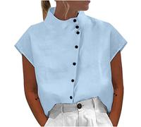 Ceboyel Camicia estiva da donna in lino elegante casual boho camicette manica corta collo alto top signore alla moda vestiti per uscire, Azzurro #11, M