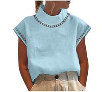 Ceboyel Camicia estiva da donna in lino elegante casual boho camicette manica corta collo alto top signore alla moda vestiti per uscire, Azzurro #5, S