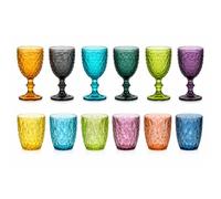cecaro group Set 12 Pezzi Bicchieri Diamond e Calici in Vetro Colorato - 6 Bicchieri Acqua 250 ml + 6 Calici Vino 350 ml - Trama Perla