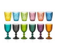 cecaro group Set 12 Pezzi Bicchieri Diamond e Calici in Vetro Colorato - 6 Bicchieri Acqua 250 ml + 6 Calici Vino 350 ml - Trama Piuma