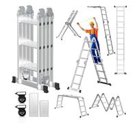 Cecaylie Scala multiuso 4 x 3, 360 cm, 7 in 1, in alluminio, con 2 piattaforme e 2 ruote per il trasporto fino a 150 kg, scala multiuso pieghevole scala combinata scala di appoggio scala di salita