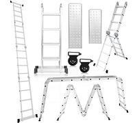 Cecaylie Scala multiuso in alluminio, 4 x 4 gradini, 470 cm, 7 in 1, con piattaforma, scala con 2 piastre, scala multiuso pieghevole, 16 gradini, argento