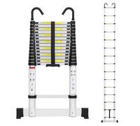 Cecaylie Scala telescopica in alluminio, 4,4 m, allungabile con stabilizzatore e gancio rimovibile, scala in alluminio antiscivolo, portata 150 kg