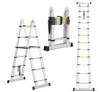 Cecaylie Scala telescopica pieghevole in alluminio, 3,8 m (1,9 m + 1,9 m), scala allungabile con stabilizzatori, telaio ad A, scala antiscivolo, carico massimo 150 kg (argento)