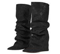 Ceciloroda Fold Over Stivali Slouch Block Heels Dressy Stivali al Ginocchio per donne Shark Stivali Appuntito Wide Calf Pull on Pleated Fall Scarpe Black Size 38