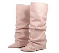 Ceciloroda Fold Over Stivali Slouch Block Heels Dressy Stivali al Ginocchio per donne Shark Stivali Appuntito Wide Calf Pull on Pleated Fall Scarpe Pink Size 45