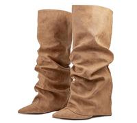 Ceciloroda Fold Over Stivali Slouch Block Heels Dressy Stivali al Ginocchio per donne Shark Stivali Appuntito Wide Calf Pull on Pleated Fall Scarpe Apricot Size 39