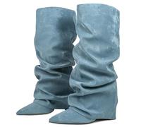 Ceciloroda Fold Over Stivali Slouch Block Heels Dressy Stivali al Ginocchio per donne Shark Stivali Appuntito Wide Calf Pull on Pleated Fall Scarpe Navy Blue Size 45