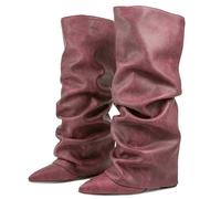 Ceciloroda Fold Over Stivali Slouch Block Heels Dressy Stivali al Ginocchio per donne Shark Stivali Appuntito Wide Calf Pull on Pleated Fall Scarpe Purple Size 45