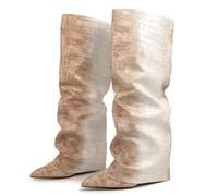 Ceciloroda Fold Over Stivali Slouch Block Heels Dressy Stivali al Ginocchio per donne Shark Stivali Appuntito Wide Calf Pull on Pleated Fall Scarpe Apricot Size 45
