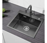 CECIPA 50x45 cm Lavello Nero Grigio in Acciaio Inox, Lavello Nero 1 Vasca per Mobile di 50cm e Oltre, Lavandino Cucina Inox Antracite con Troppopieno e Sifone