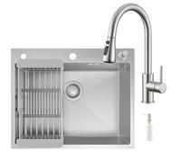 CECIPA 60x49 cm Lavello Cucina 1 Vasca con Arco Rubinetto Cucina Estraibile, Lavandino Cucina in Acciaio Inox con Dispenser Sapone per Mobile da 60cm