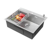 CECIPA 60x49 cm Lavello Cucina 1 Vasca in Acciaio Inox, Lavandino Cucina con Dispenser Sapone e Cestello, Lavelli per Mobile da 60cm, Lavandini da Incasso o Banco con Sifone e Scarico