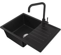 CECIPA 65 x 45 cm Lavello Nero con Arco Rubinetto Cucina, Lavello con Gocciolatoio in Granito, Lavandino Cucina Nero per Mobile di lunghezza 45cm con Troppopieno e Sifone