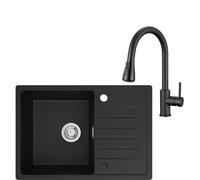 CECIPA 65 x 45 cm Lavello Nero con Arco Rubinetto Estraibile, Lavello Cucina con Gocciolatoio in Granito, Lavandino Cucina Nero per Mobile di lunghezza 40cm con Troppopieno e Sifone