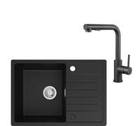 CECIPA 65 x 45 cm Lavello Nero con L Rubinetto Estraibile, Lavello Cucina con Gocciolatoio in Granito, Lavandino Cucina Nero per Mobile di lunghezza 40cm con Troppopieno e Sifone