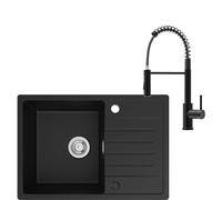 CECIPA 65 x 45 cm Lavello Nero con U Rubinetto Molla, Lavello Cucina con Gocciolatoio in Granito, Lavandino Cucina Nero per Mobile di lunghezza 40cm con Troppopieno e Sifone