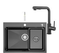 CECIPA 68x48 cm Lavello Nero Inox con L Rubinetto Cucina Estraibile, Lavandino Cucina Nero 1 Vasca Acciaio con Dispenser Sapone per Mobile da 70 cm