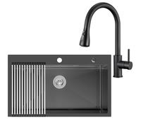 CECIPA 75x45 cm Lavello Nero Acciaio con Arco Rubinetto Cucina Estraibile, Lavandino Cucina 1 Vasca Nero Inox per Mobile da 80cm, con Sifone e Scarico